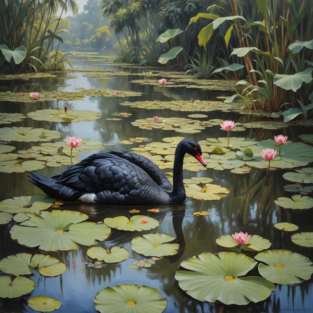 Black Swan in Lotus Pond: Oil Painting