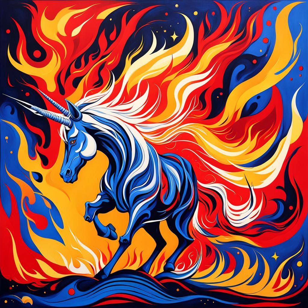 Abstract Last Unicorn Confronts Flaming Bull