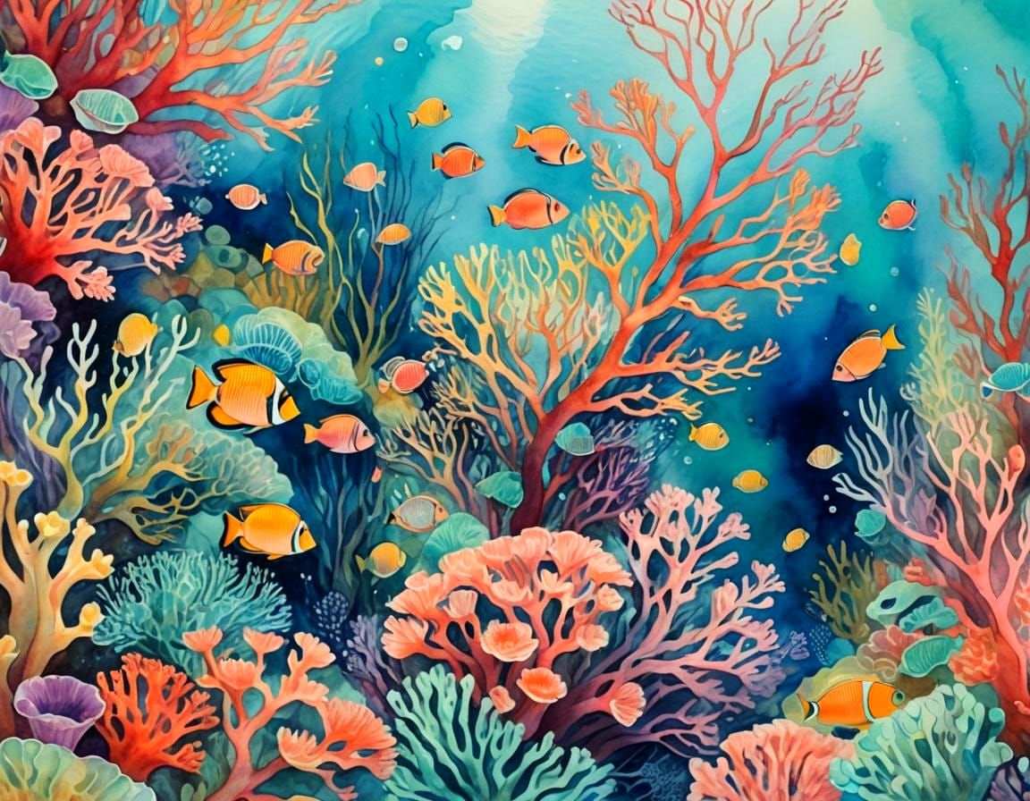 Colorful Coral Reef Scene in Abstract Art Style