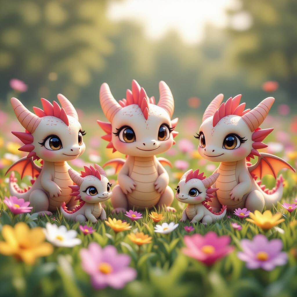 Chibi Dragons Playing in a Flower Field