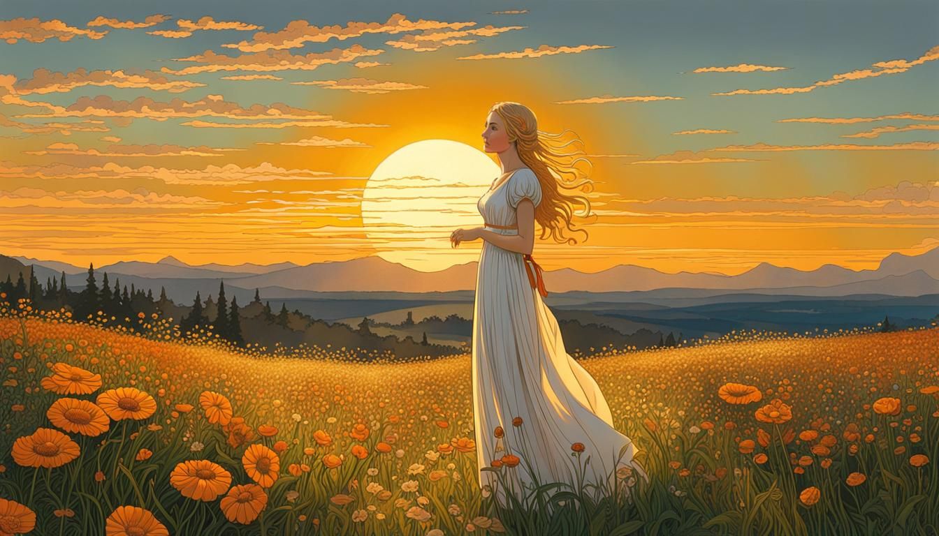 Woman in Alpine Meadow at Sunset, Illustration