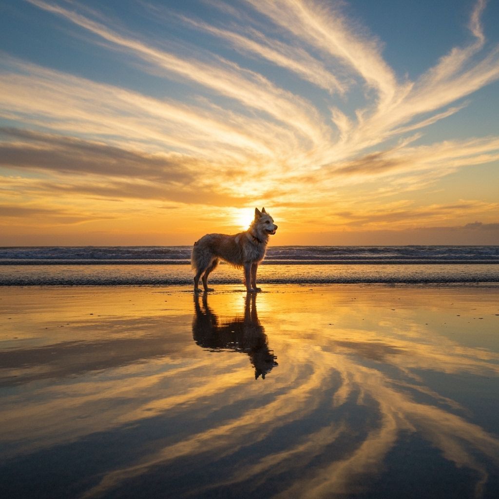 Dog Reflection at Sunset in Dreamy Landscape