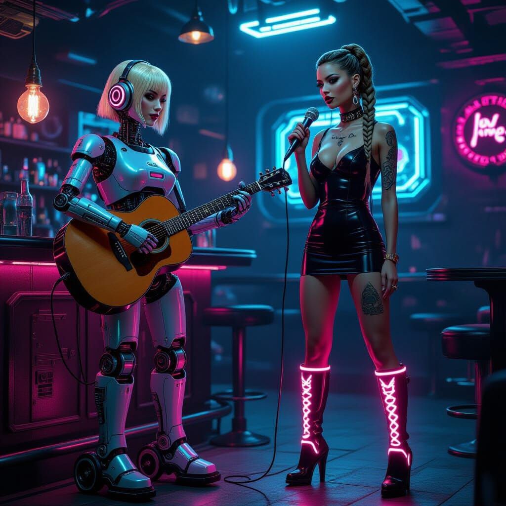 Futuristic Bar Scene: Robot Musician and Singer in Latex