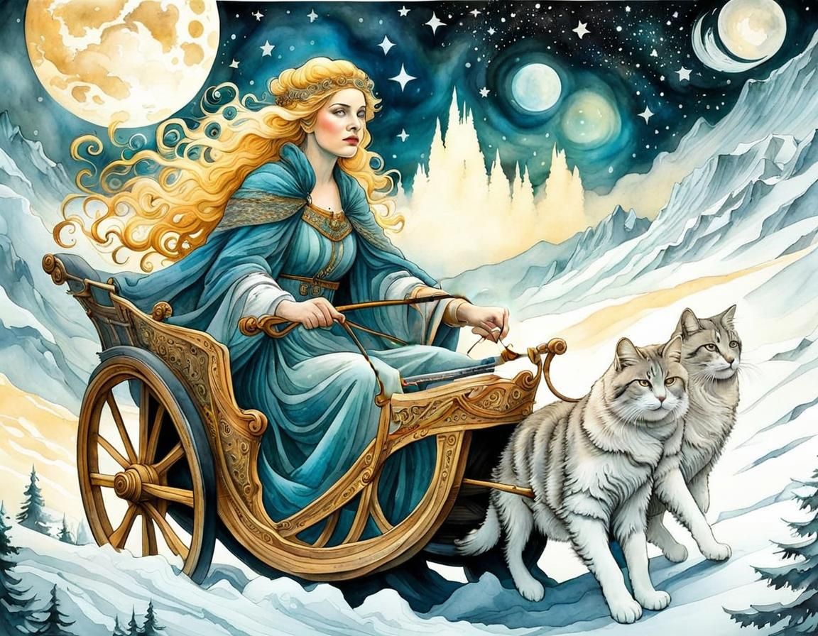 Old Norse goddess Freyja and her mythical pet cats