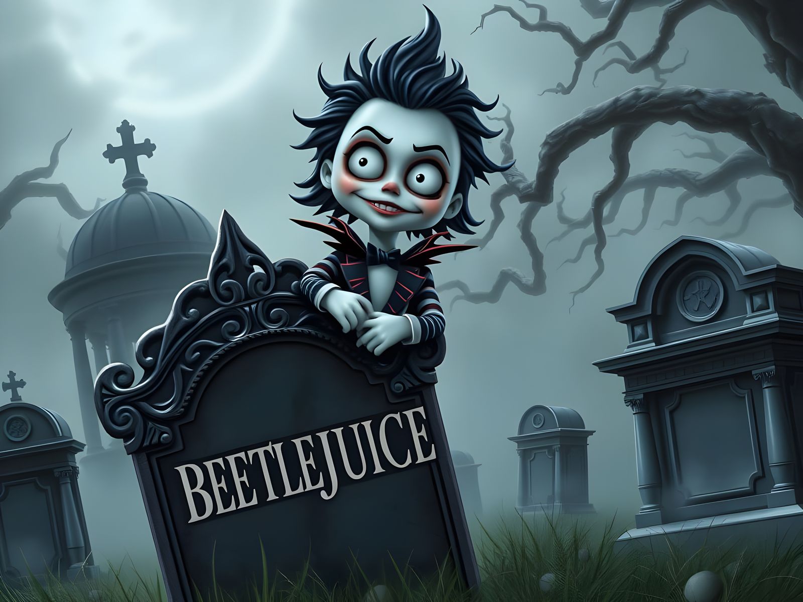 Gothic Chibi Beetlejuice in Victorian Cemetery