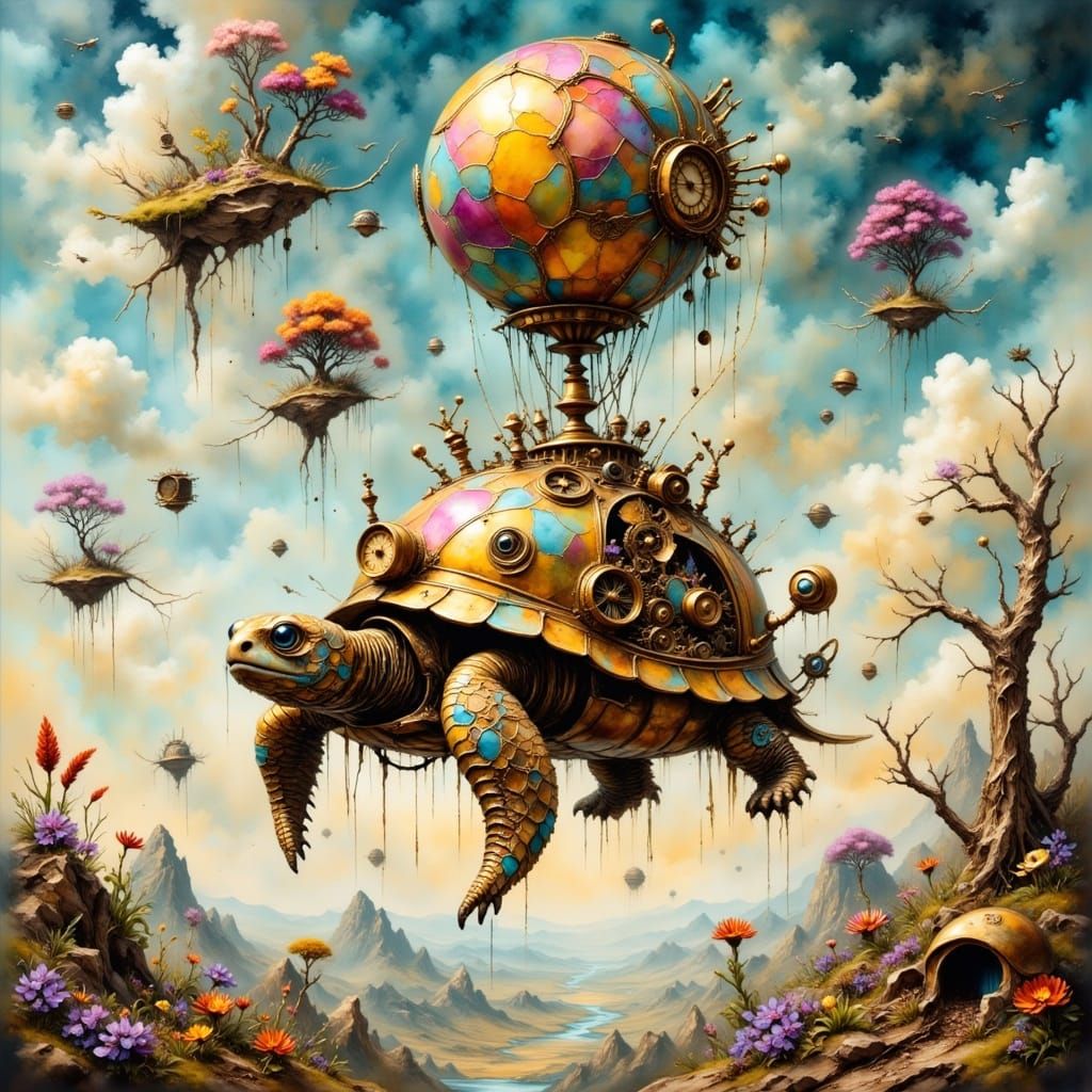 Steampunk Turtle Airship Soars Through Whimsical Landscape