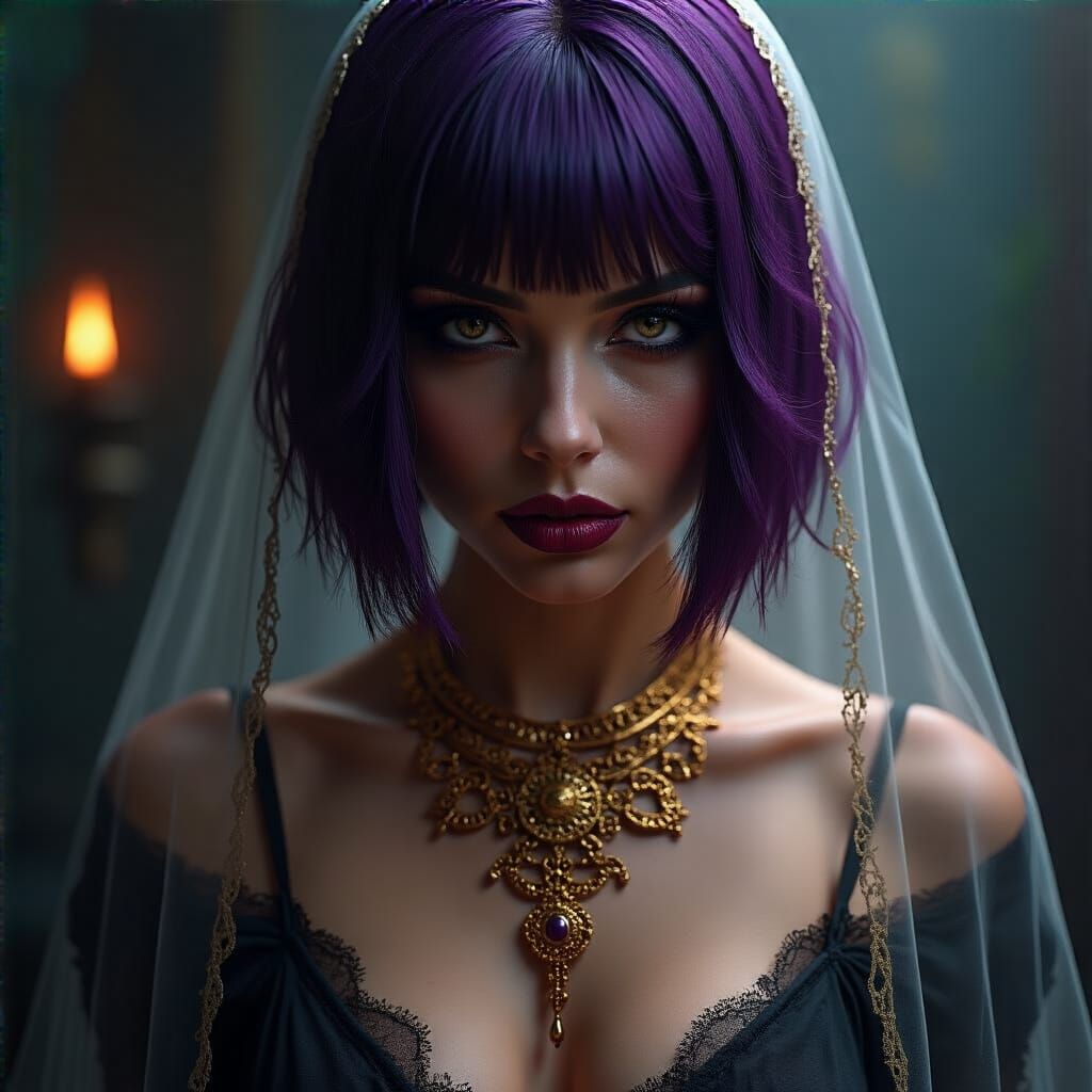 Sensual Portrait of Woman with Purple Hair and Gold Necklace