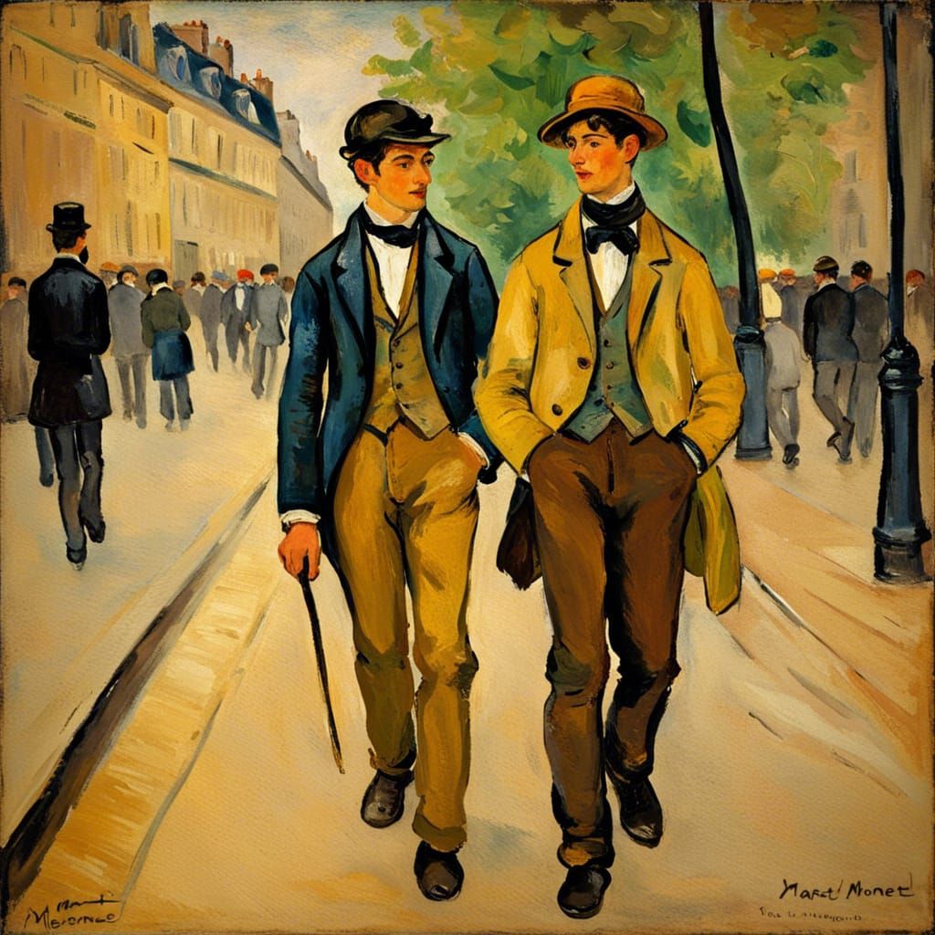Gay Couple Strolling in Paris: An Impressionist Painting