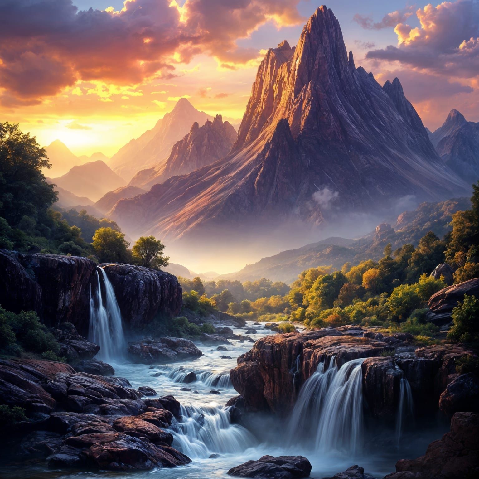 Majestic Mountain Sunrise Over River Landscape