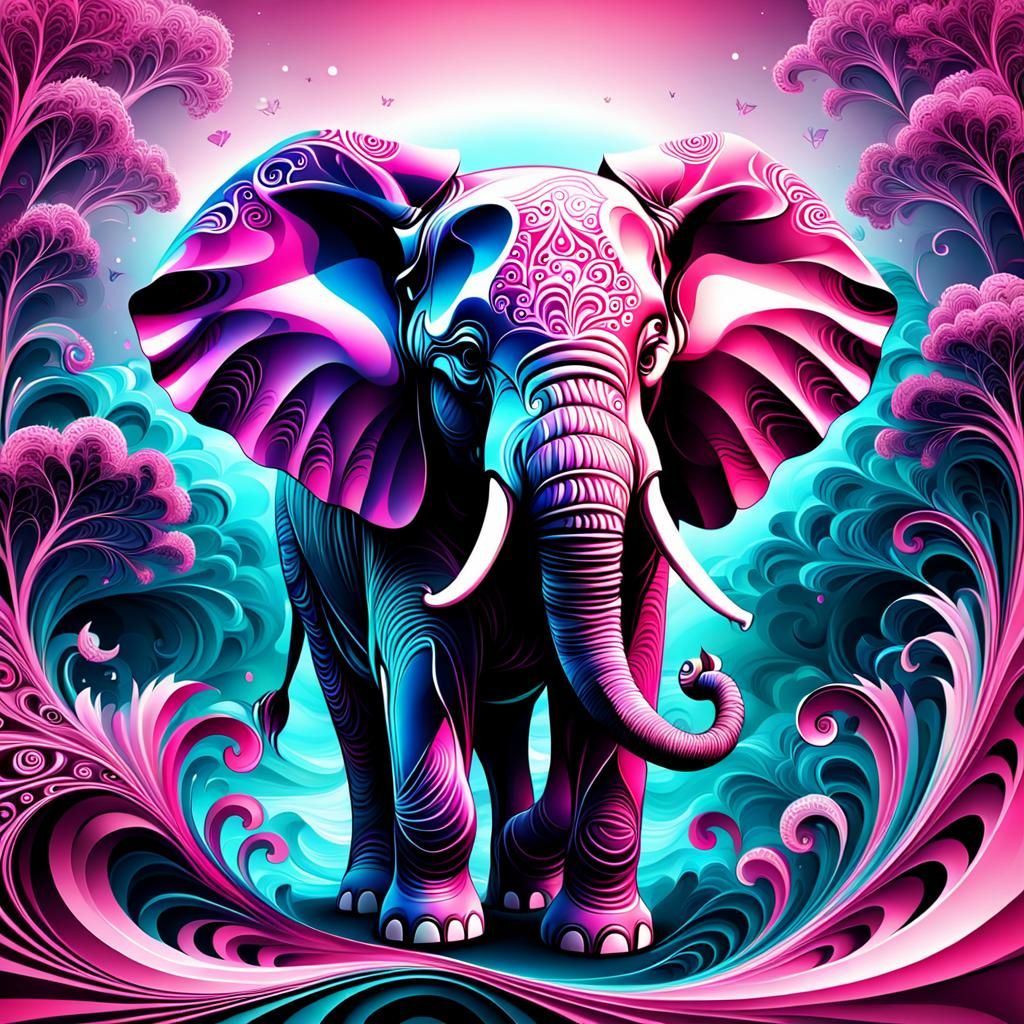 Pink Enchanted Elephant in Abstract Fractal Style