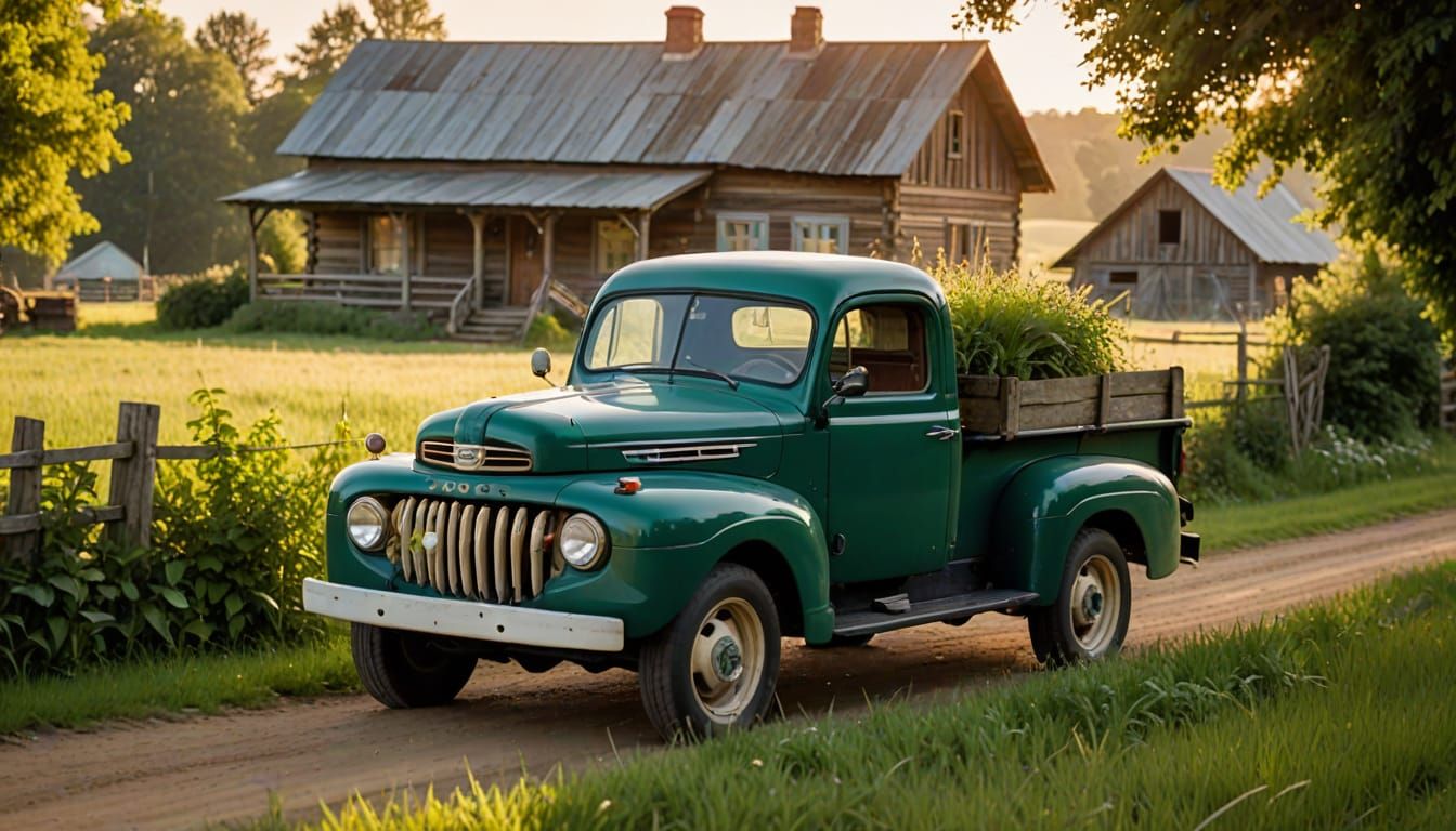Rustic Farm Scene in Golden Hour Light