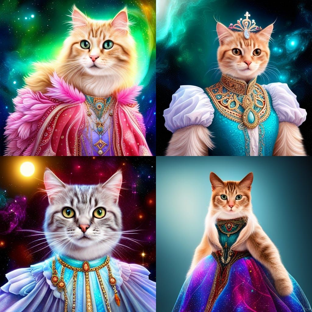Princess Cat in Royal Dress: Cosmic Illustration