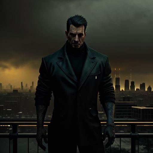 A dynamic, diagonal composition with the figure dominating the foreground. The city skyline stretches into the backgroun...