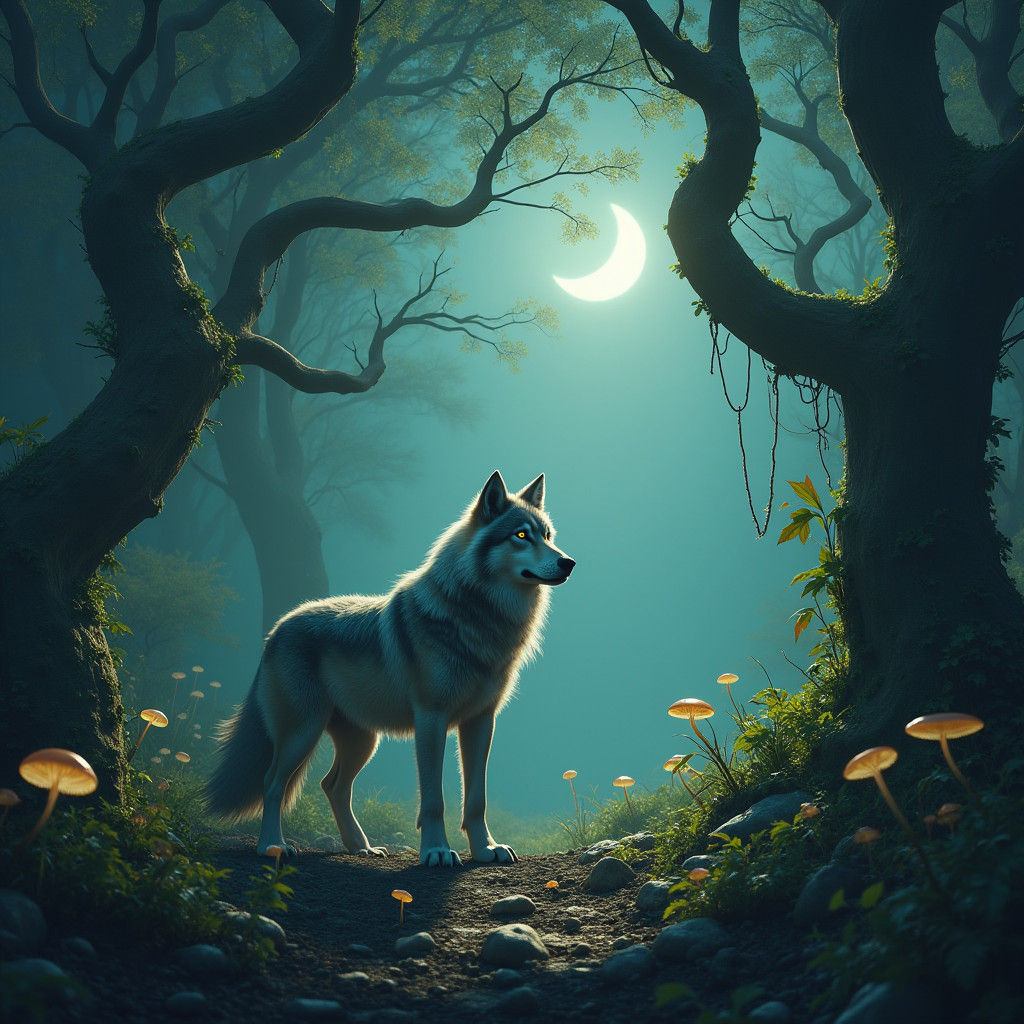 Mystical Wolf in Emerald Forest, Fantasy Concept Art