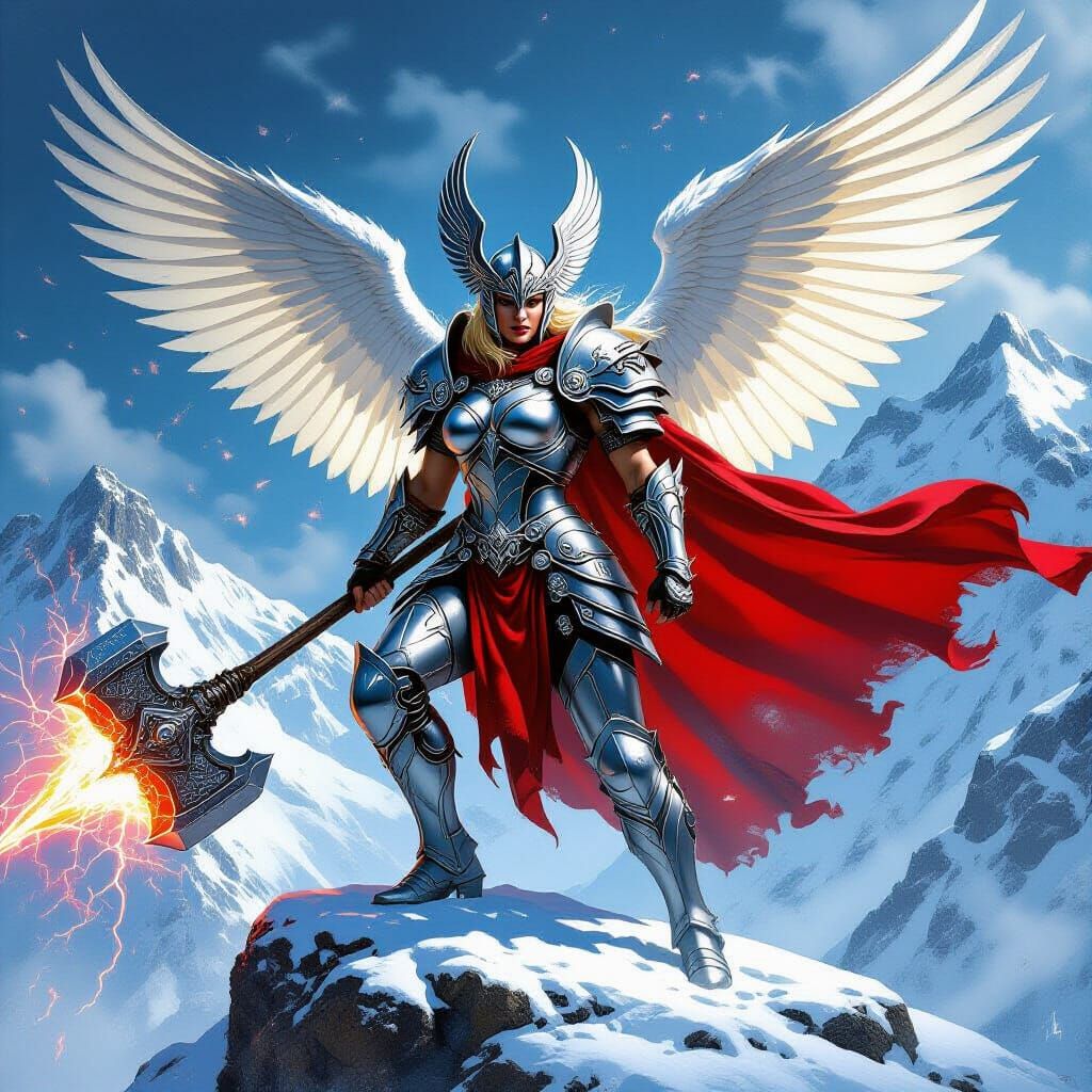 Valkyrie Warrior with Warhammer on Snow-Capped Mountain