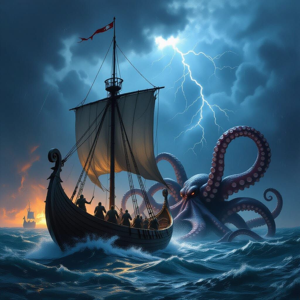 Viking Longship Battles Kraken in Epic Storm