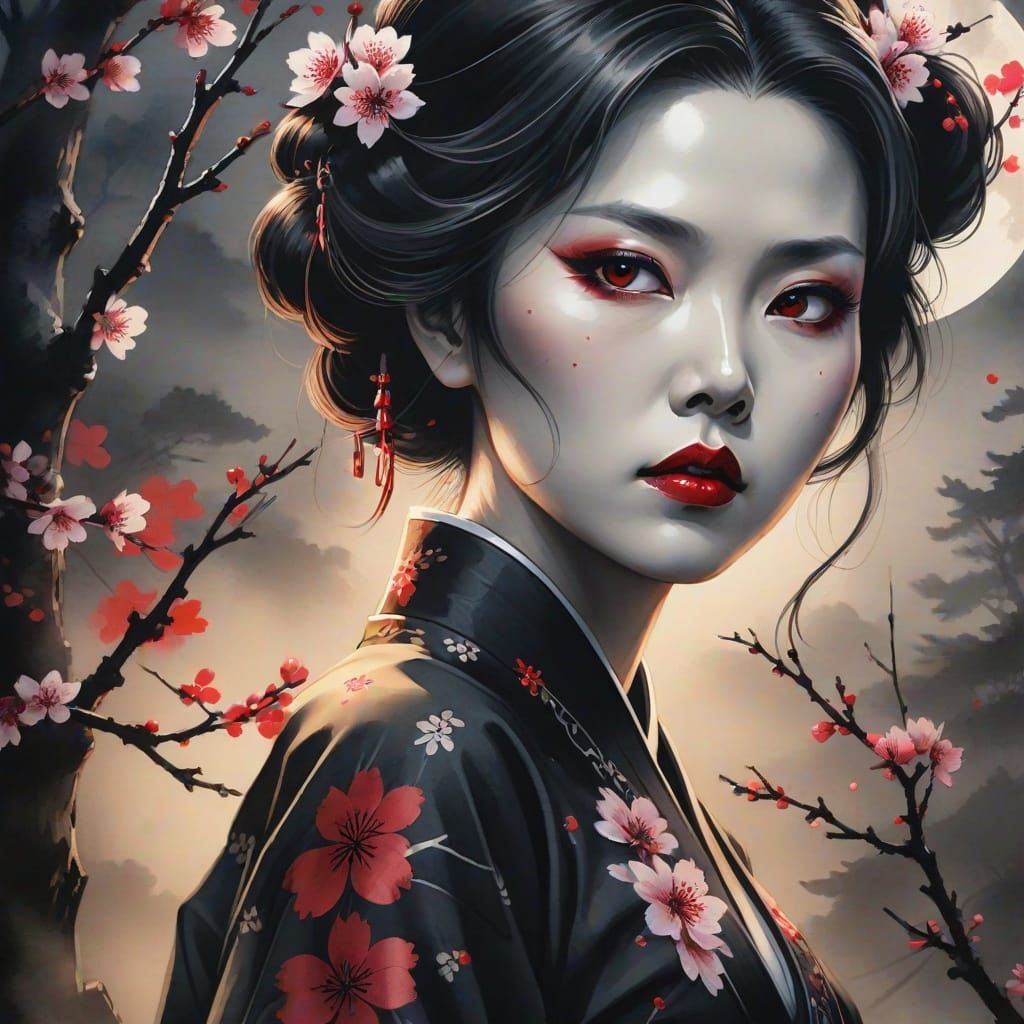 Black Widow in Onryo-e Style with Sumi-e Textures