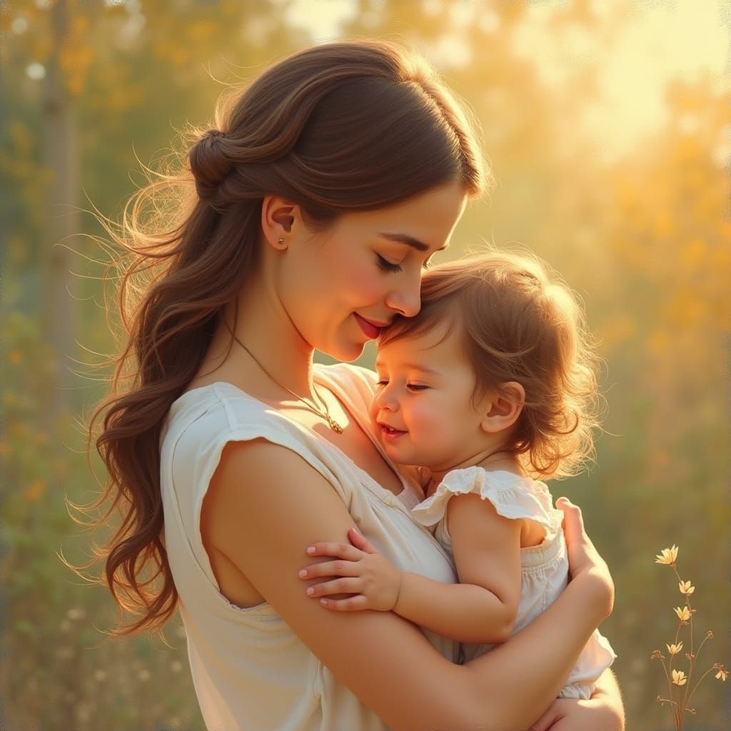 Loving Mother Embraces Child in Golden Hour Light