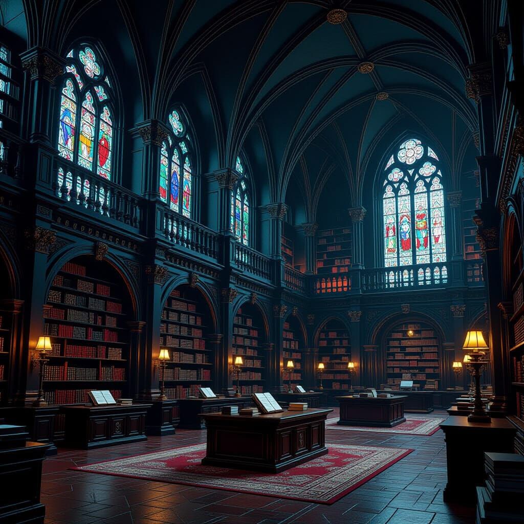 Grand Gothic Library in Detailed Matte Painting Style