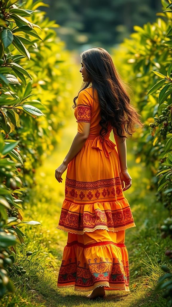 Vibrant Colombian Coffee Plantation Scene in Traditional Dre...