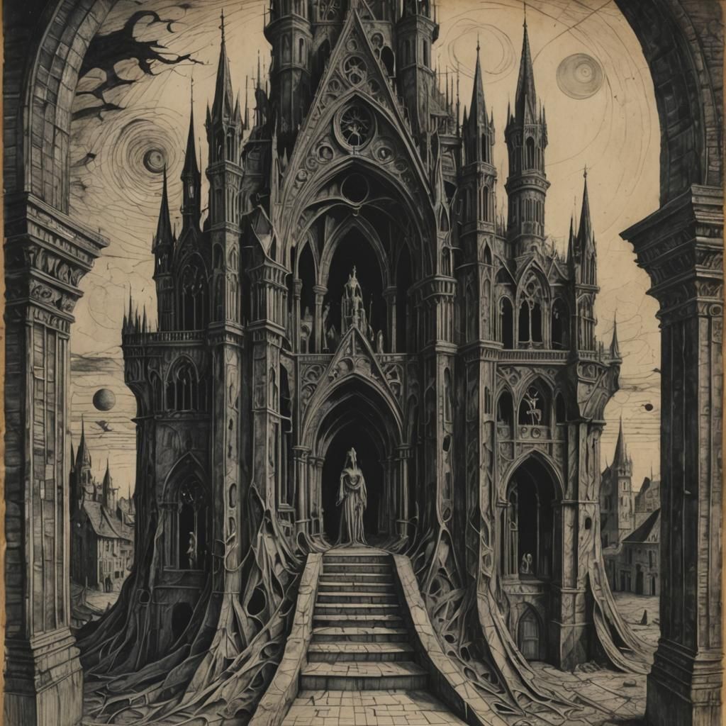 Gothic Darkness Descends: A Surrealist Mixed Media Sketch