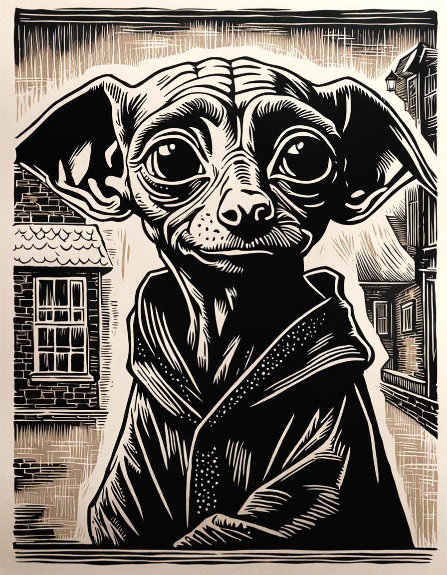 Linocut of Dobby