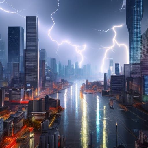 Electrifying Storm Over City as Digital Painting