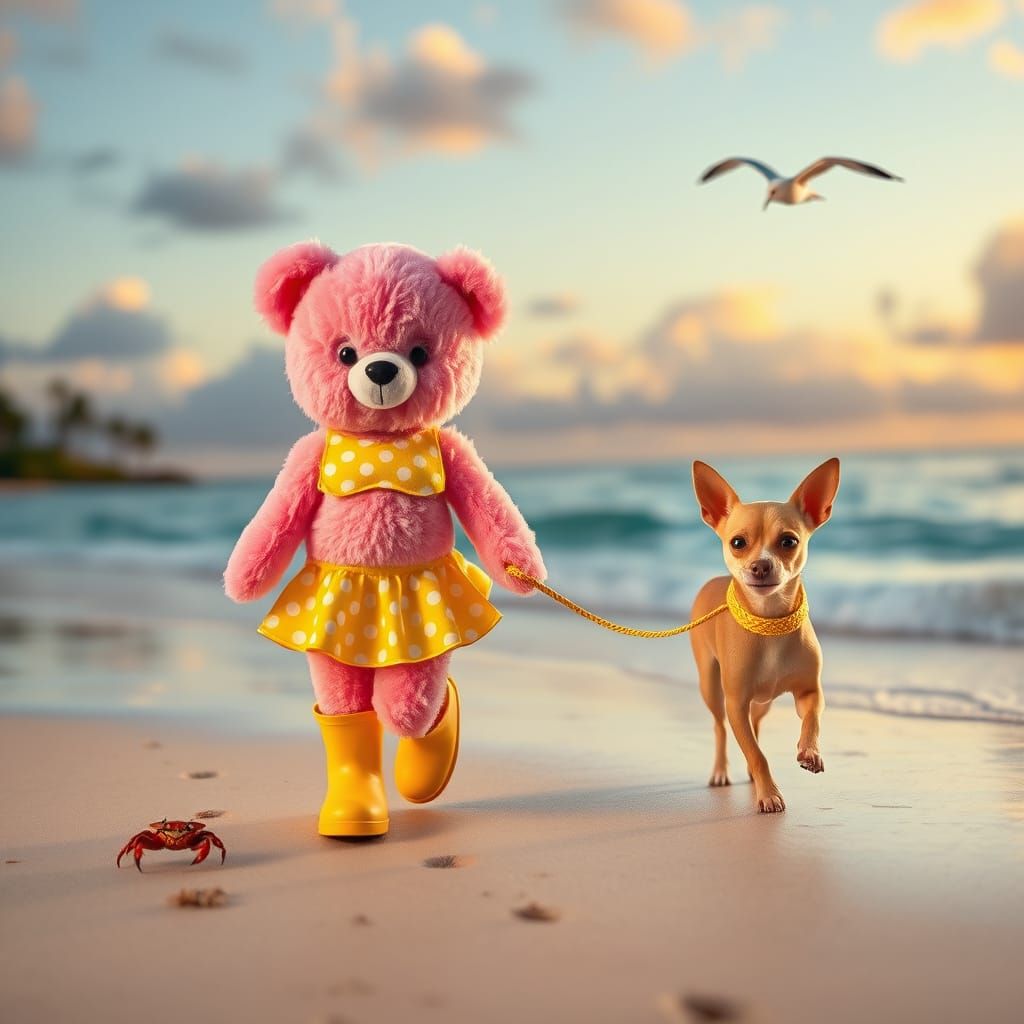 Pink Bear Walks Chihuahua on Tropical Beach