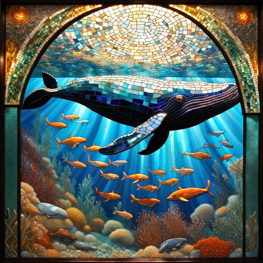 Mosaic Whale Underwater in Stained Glass Style