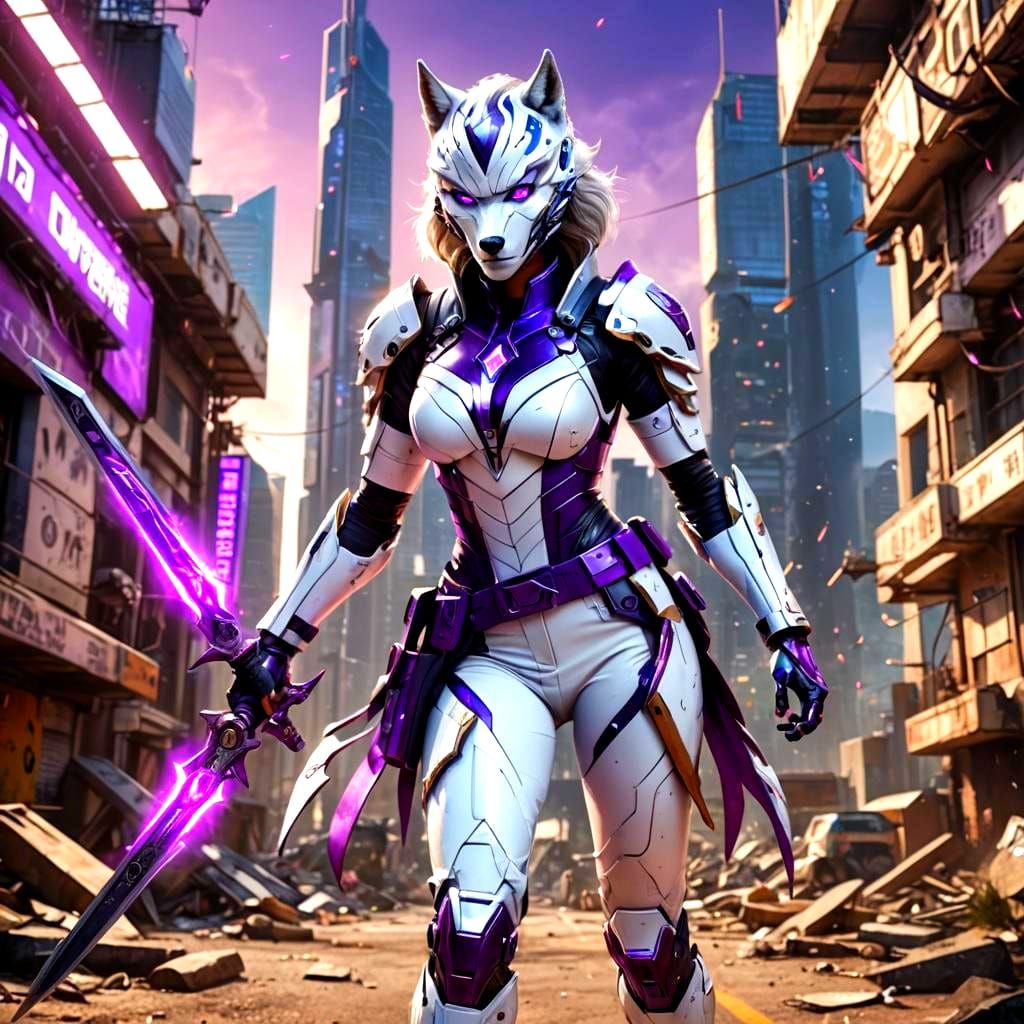 Cybernetic Wolf Superheroine with Kunai Dagger