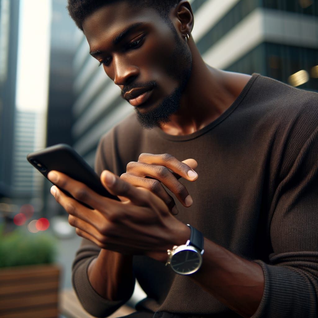 Black Man Transfers Money Electronically Via Mobile Phone