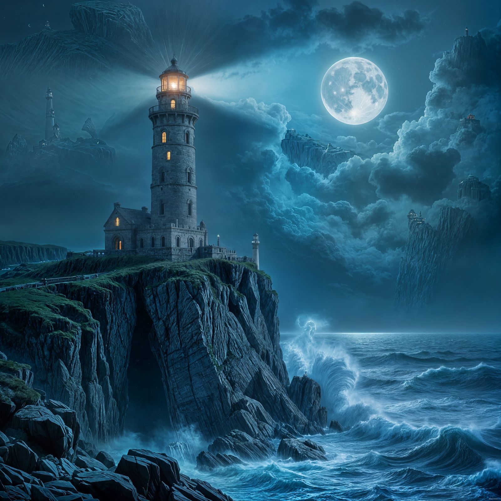 Ancient Art Deco Lighthouse on Stormy Cliff Edge