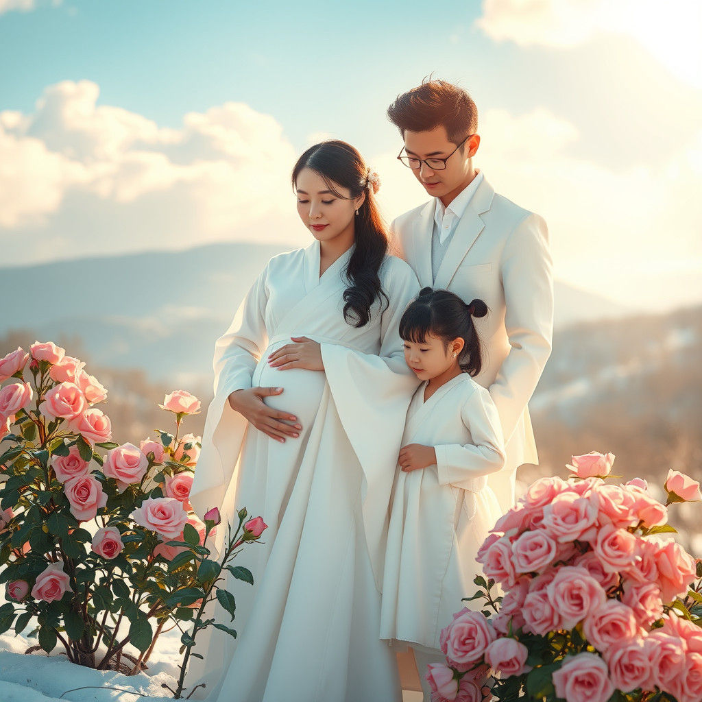 Korean Family in Winter Rose Garden with Ethereal Light