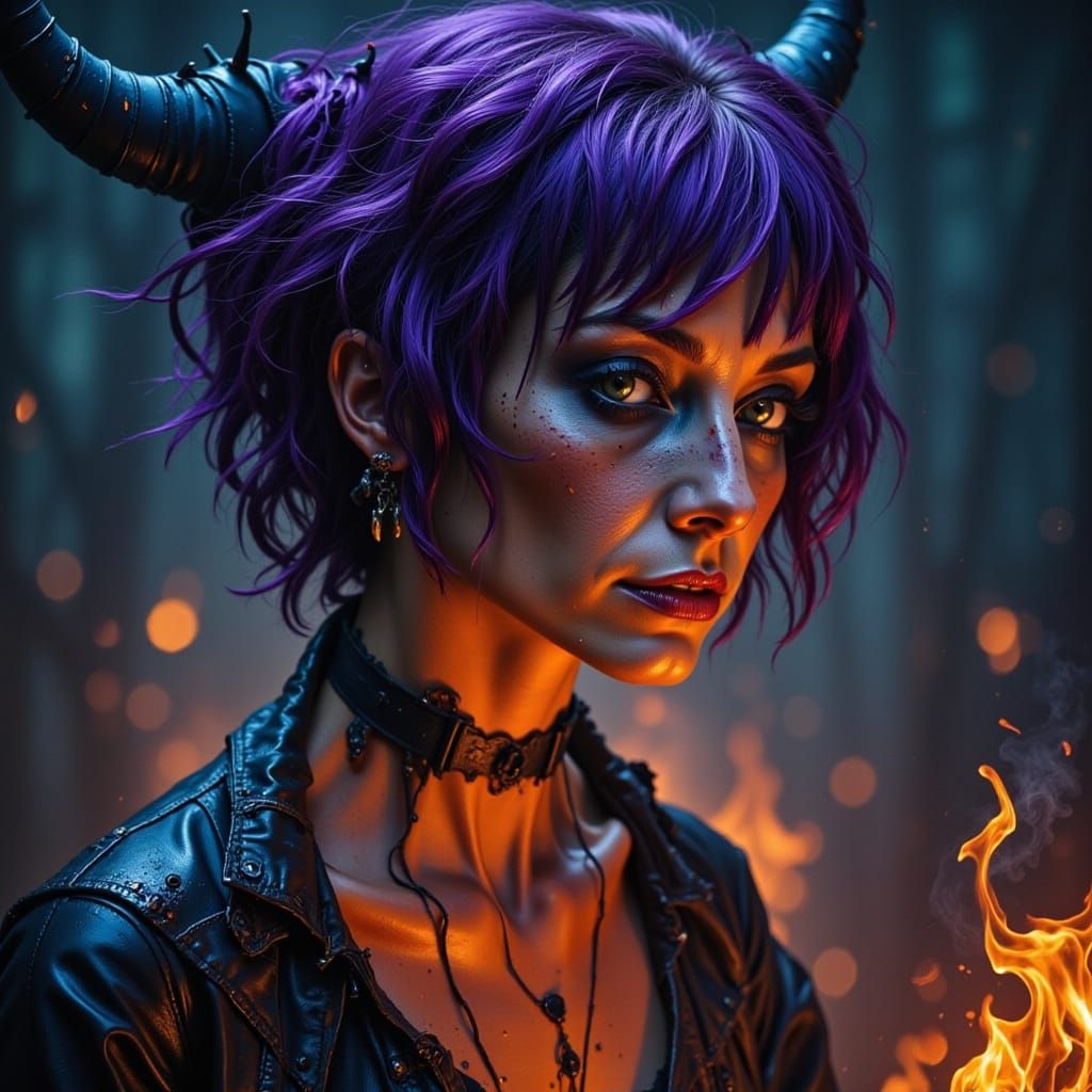 Cyberpunk Witch Breathing Fire in Neon Cityscape