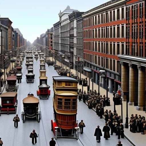 Hyperrealistic 1900s City Street with Streetcars