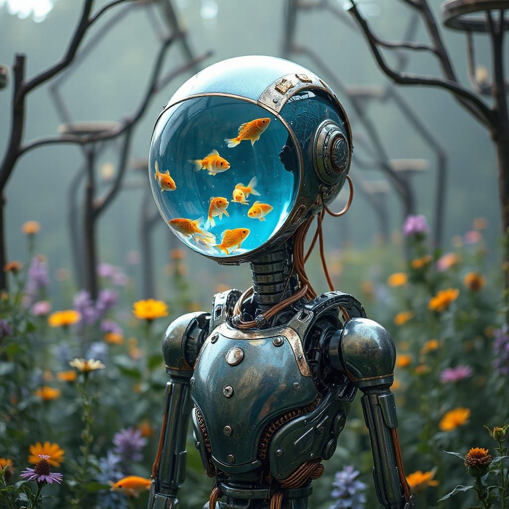 Futuristic Robot in Garden with Aquatic Head