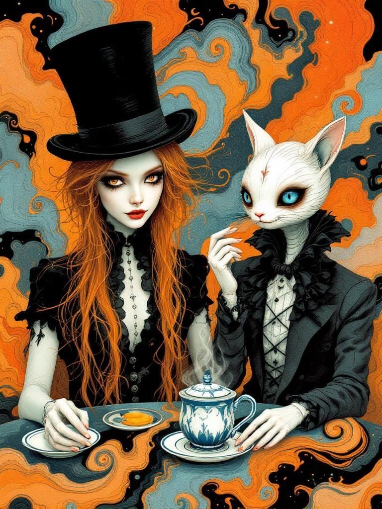 Surreal Victorian Tea Party in Suminagashi Style