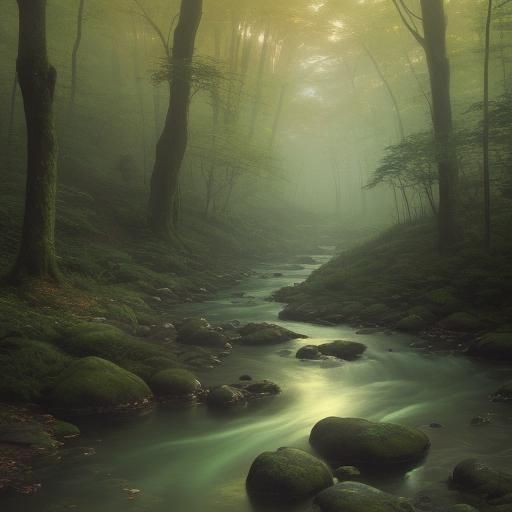 Mystical Forest Creek with Glowing Rocks in Realism Style