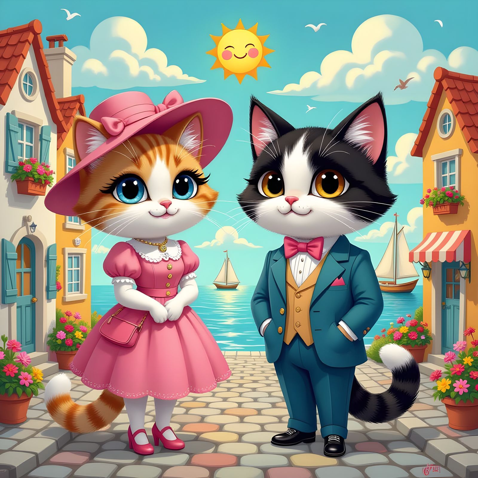 Whimsical Cats Enjoying Seaside Life