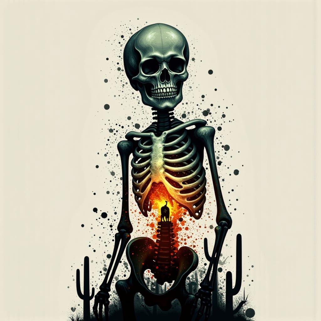 Skeleton Silhouette in Desert, Spray Paint Double Exposure