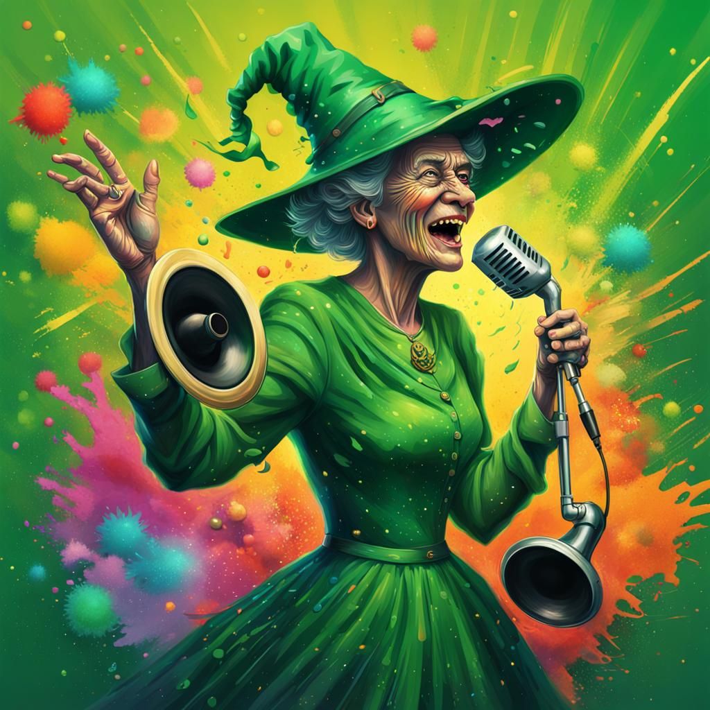 Green Witch Dancing with Gramophone in Splash Art