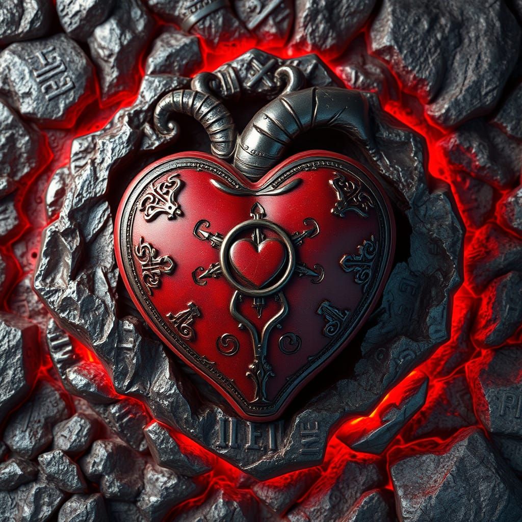 Ancient Lead Heart Icon in Mystical Rune Etching