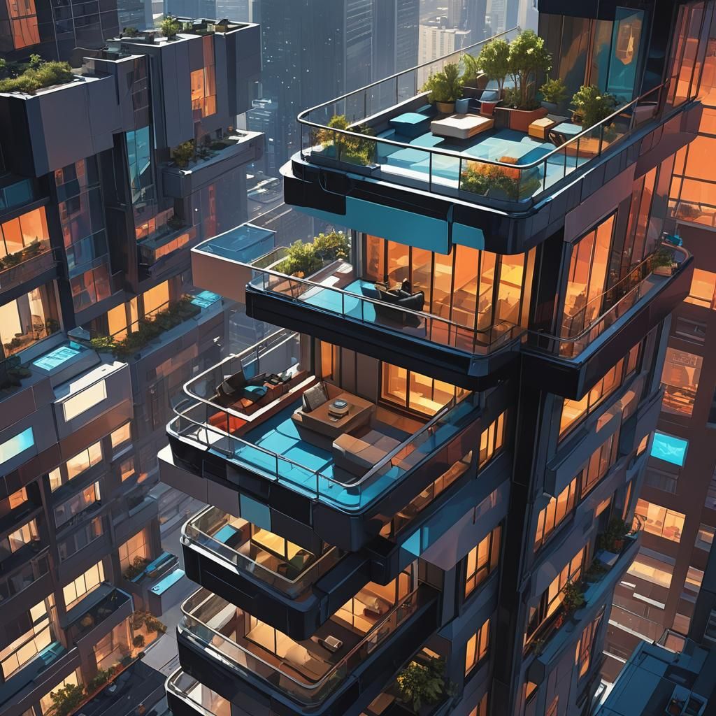 Futuristic Apartment Building with Geometric LED Design