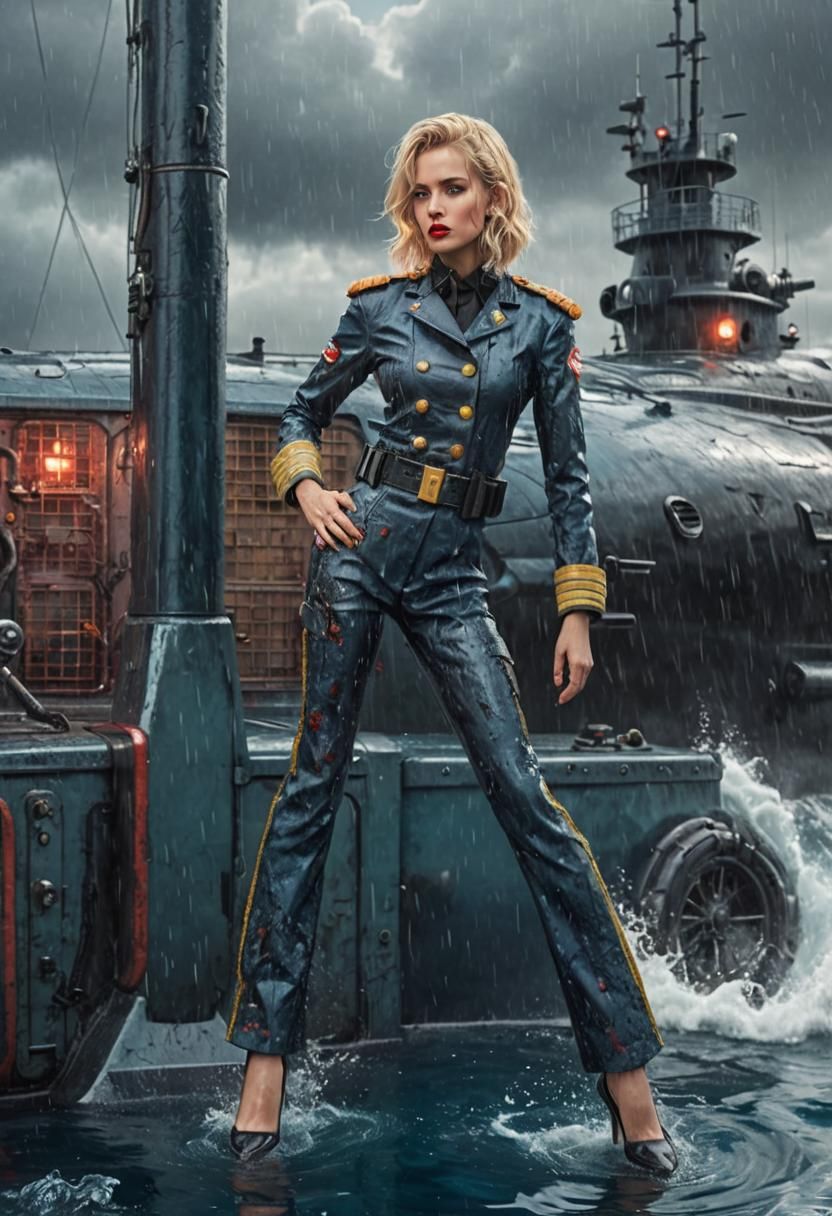 Glamorous Woman in Military Uniform on Submarine
