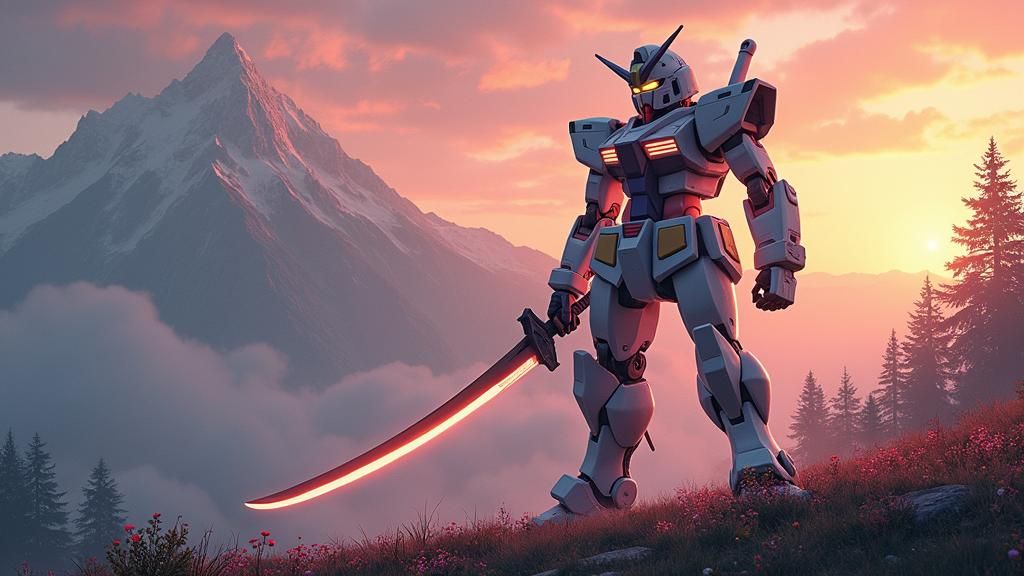 Futuristic Mobile Suit with Katana in Misty Mountains