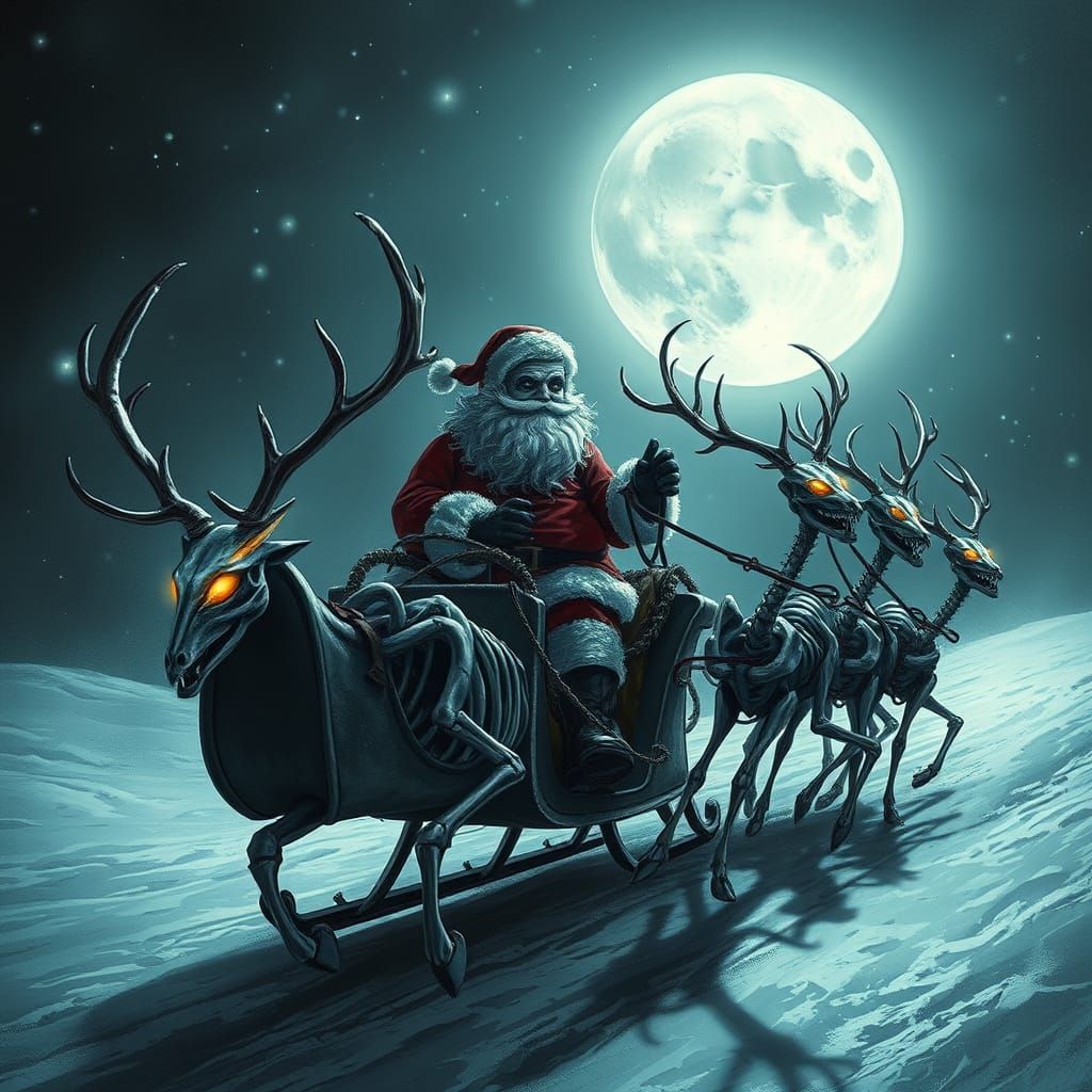 Santa Claus Rides Skeleton Reindeer in Dark Fantasy Style