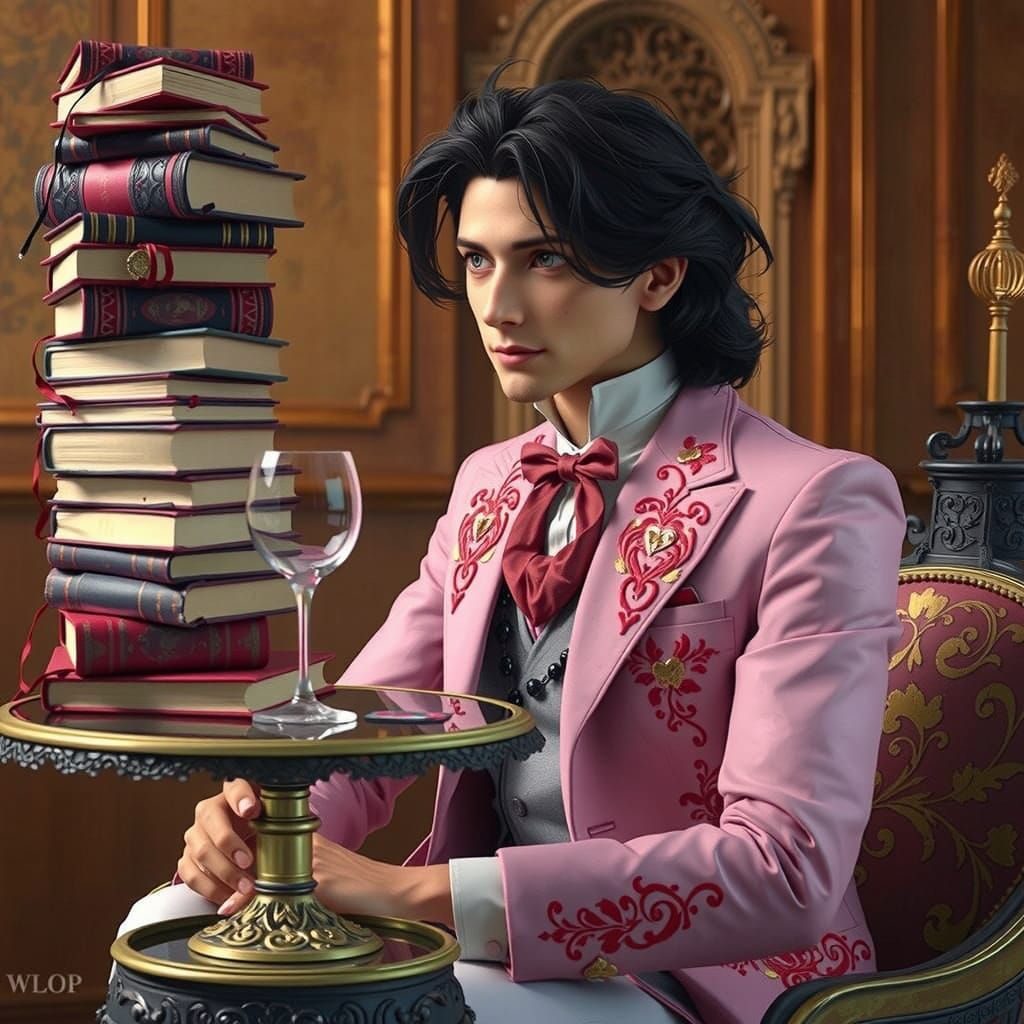 Elegant Gentleman Surrounded by Ancient Tomes in Concept Art...