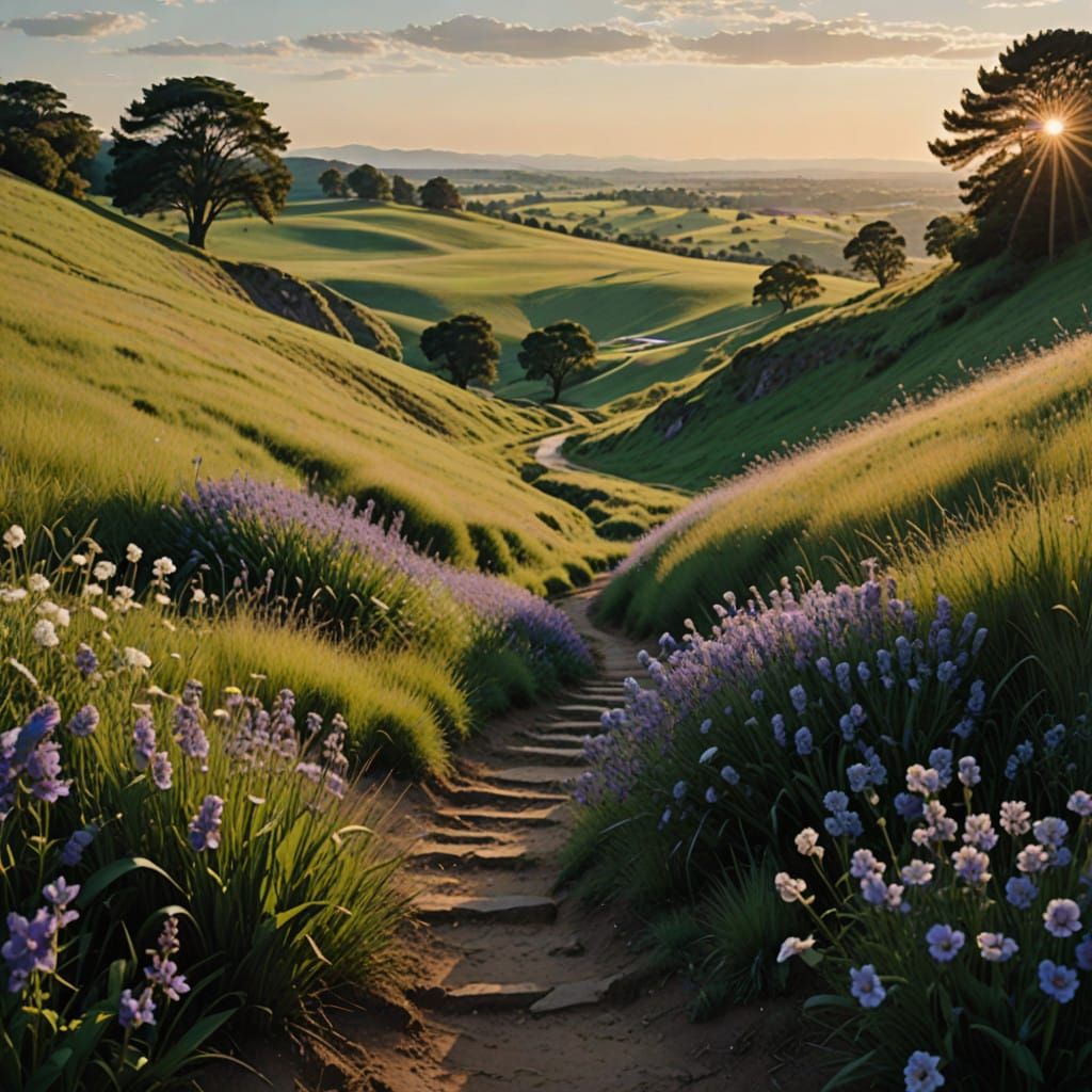 Serenene Pathway Through Royal Purple Fields in Vibrant Bloo...