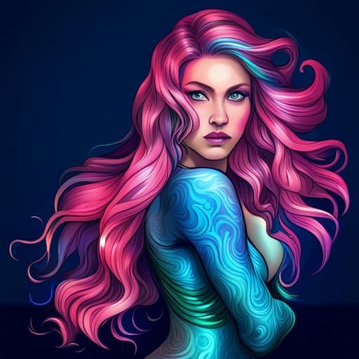 Beautiful Mermaid with Rainbow Hair in Synthwave Style