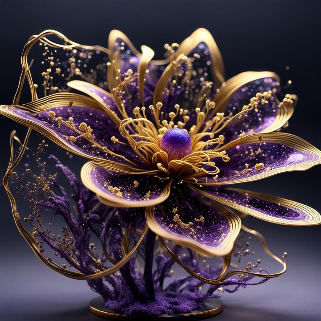 Bioluminescent Flower Sculpture in Gold and Purple